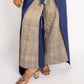 Woman wearing a blue top and plaid pants on a white background