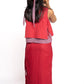Woman wearing a red outfit with a white background
